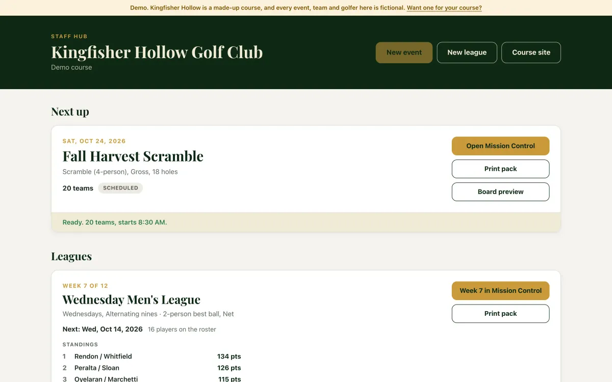 The demo course's staff hub: the next event, the Fall Harvest Scramble with 20 teams and its Ready line, the New event, New league and Course site buttons, and the leagues under it.